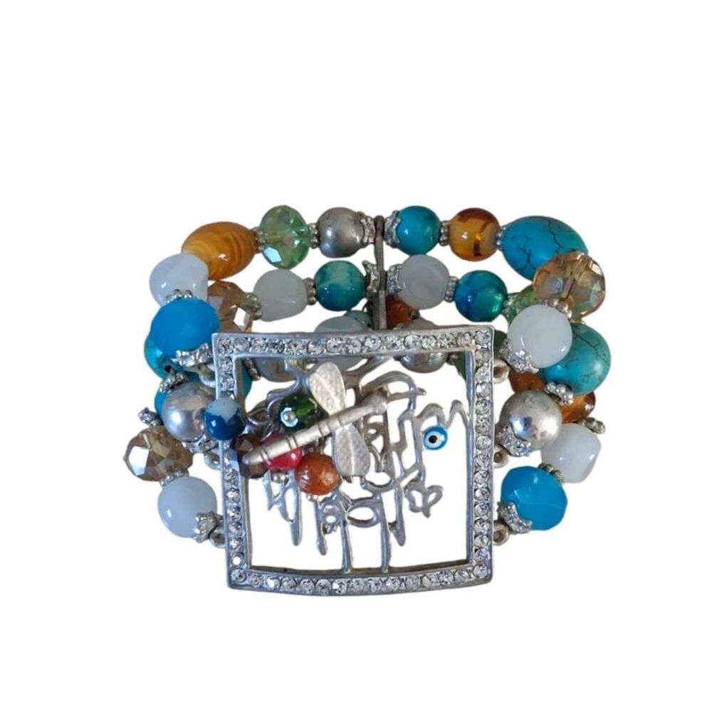 Assorted Multicolored Beaded Multistrand Square Rhinestone Centerpiece Bracelet